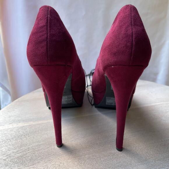 Forever 21 Womens Size 8.5 Heels Wine Faux Suede Peep Toe Platform Stilleto New - Picture 3 of 13